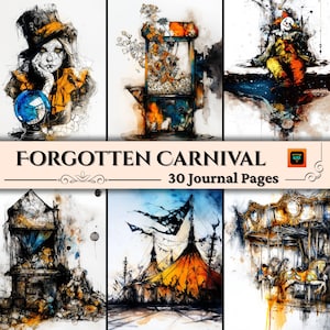 Digitaal papier vergeten carnaval, Haunted Circus-achtergrond, Griezelige kermis, Afdrukbare pagina's Junk Journal, Donkere esthetiek, Collagevellen