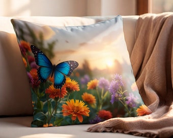 Butterfly and wildflower cushions, vibrant colored cushions, decorative pillows with different size options.