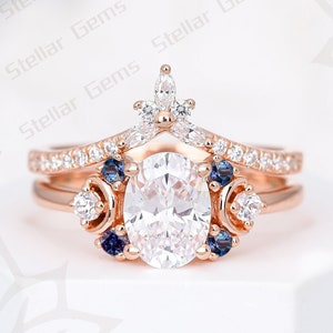 Oval Cut Moissanite Engagement Ring Set 10K Rose Gold Ring Art Deco Alexandrite Bridal Promise Anniversary Ring Set For Her Wedding Ring Set