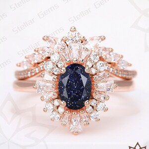 Art Deco Ring Set 14K Rose Gold Ring Set Blue Sandstone Bridal Ring Set Handmade Moissanite Anniversary Ring Set For Her Vintage Ring Set