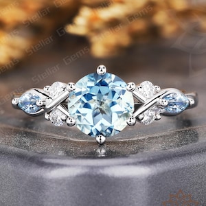 Zierliche Blau Runde Natürliche Aquamarin Verlobungsring 14K Solid Gold Art-Deco-Moissanite Jahrestag Ehering Einzigartige Aquamarin Ring Geschenk
