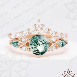 Round shaped Moss agate Engagement Ring 10K Rose Gold Anniversary Ring Green Gemstone Ring Cluster moissanite Wedding bands jewelry for her