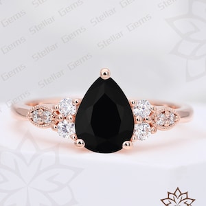 Pear natural black onyx ring Sterling Silver Ring rose gold engagement ring Vintage Ring handmade art deco Anniversary Wedding Ring For Her
