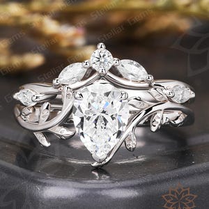 Pear moissanite 10K white gold Engagement ring Set Nature Inspired Cluster Moissanite Ring Vintage Leaf Anniversary Stacking Wedding Band
