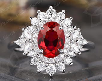 10K White Gold Oval Lab Created Ruby engagement ring Unique Red Ruby Ring Cluster Moissanite Starburst Ring Promise anniversary bridal ring