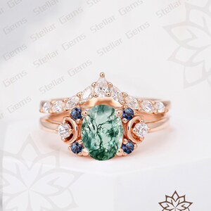 Ensemble de bagues de mariée en agate mousse naturelle de coupe ovale faite à la main en laboratoire d&#39;art déco, bague d&#39;anniversaire de promesse en alexandrite créée pour elle, ensemble de bagues uniques