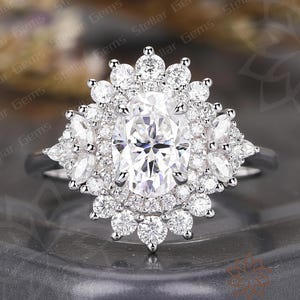 14K White Gold Starburst ring Oval Moissanite engagement ring Cluster Halo Bridal ring Handmade Art Deco Moissanite anniversary ring gift