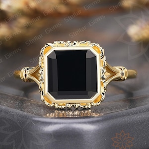Unique 8*8mm Radiant Natural Black Onyx 10K Yellow Gold Engagement Ring Art Deco Gemstone Ring Vintage Onyx Promise Ring Anniversary Gift