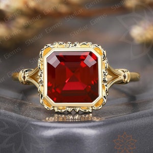 Radiant Lab created Ruby Engagement Ring 3.0CT Ruby anniversary Wedding bands Vintage Design sterling silver ring Birthday gift ring for her