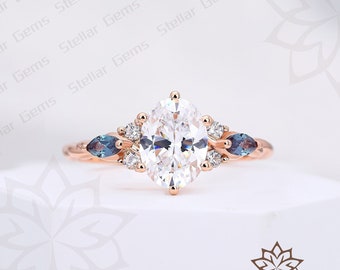 Unique Oval Cut 1.5CT Moissanite Rose Gold Engagement Ring Handmade Side Stone Lab Created Alexandrite Promise Anniversary Ring Gift For Her