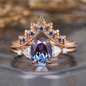Vintage Oval Lab Created Alexandrite engagement ring 14K solid gold Cluster Lab created alexandrite wedding bands Stacking Moissanite ring