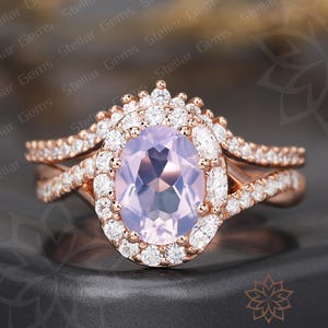 14K Gold Oval Natural Lavender Amethyst anniversary engagement ring set Purple amethyst Bridal Ring Halo moissanite Curved Stacked Ring Gift