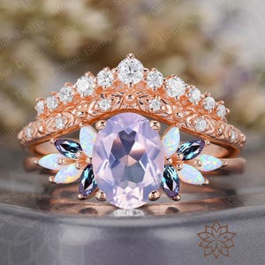 10K rose gold Oval Natural Lavender Amethyst engagement Ring Set Cluster Lab Created Opal anniversary ring Unique Moissanite Promise ring