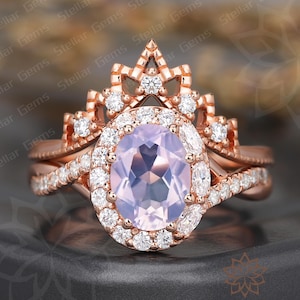 Unique Oval 14K Gold Lavender Amethyst Engagement Ring Set Halo moissanite Twisted anniversary wedding band Dainty crown Moissanite ring Set