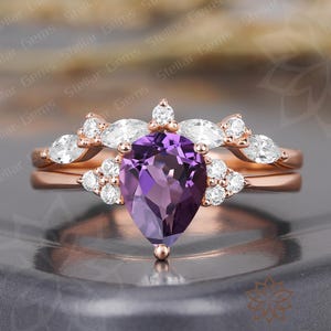 10K rose gold Pear Natural Amethyst Engagement Ring set Art deco Marquise Moissanite promise bridal Ring Birthstone ring set gift for women