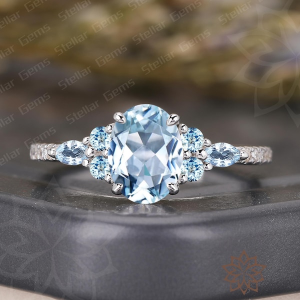 Cluster Oval Natural Aquamarine 18K Solid Gold Engagement Ring Dainty Aquamarine Anniversary wedding bands Unique promise bridal ring gift