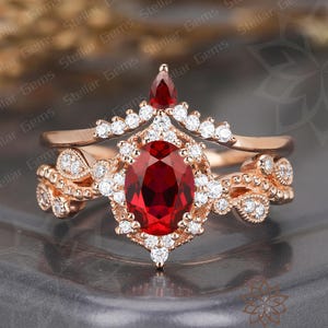 Nature Inspired 10K Solid Gold Oval lab created ruby Engagement Ring Vine Leaf Cluster Moissanite Anniversary wedding bands Stacking Ring
