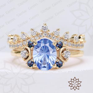 Fireworks Oval Lab Grown Blue Sapphire 18K Solid Gold Engagement Ring Set Blue gemstone ring alexandrite ring Moissanite Stacking Ring set