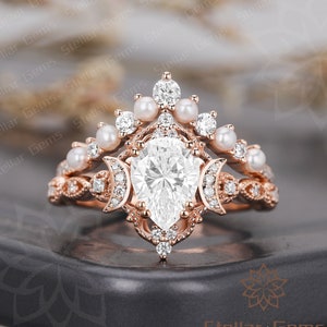 Vintage Bridal Ring Pear Moissanite 18K Rose Gold Engagement Ring Set Unique Natural Pearl Anniversary Ring Art Deco Promise Ring For Women