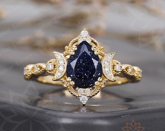 Galaxy Star Pear Blue Sandstone Engagement Ring 10K Solid Gold Anniversary Ring Unique Round Moissanite Promise Wedding Ring Gifts for Women