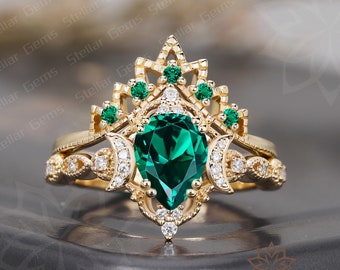 10K massief gouden smaragdgroene ring peer lab gemaakt smaragdgroene bruidsring set unieke moissaniet verlovingsring cadeau voor vrouwen groene edelsteenring