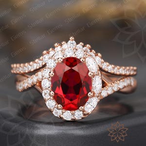 14K Solid Gold Oval Red Lab Created Ruby Engagement ring set cluster moissanite Twisted Ring Art Deco Red Ruby Promise Bridal ring set gift