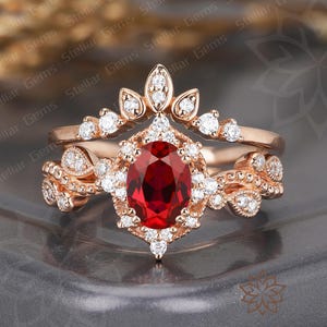 Vintage 10K Solid Gold Oval lab created ruby Vine Leaf Ring Cluster Moissanite Anniversary bridal ring Nature Inspired Stacking Ring for her