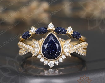 Galaxy Sandstone Ring Pear Blue Sandstone 10K Solid Gold Bridal Ring Nebula Ring Set Moon Moissanite Engagement Ring Unique Promise Ring Set