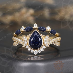 Galaxy Sandstone Ring Birnbaum Blauer Sandstein 10K Solid Gold Braut Ring Nebel Ring Set Mond Moissanite Verlobungsring Einzigartige Versprechen Ring-Set Bild 1