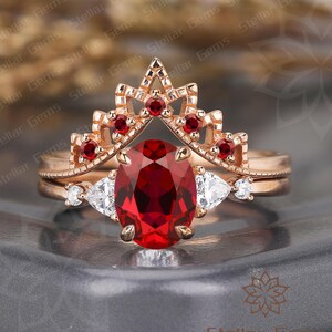 Unique Oval Lab Created Ruby 10K rose gold engagement ring art deco Cluster ruby wedding bands Stacking Moissanite bridal ring Handmade ring