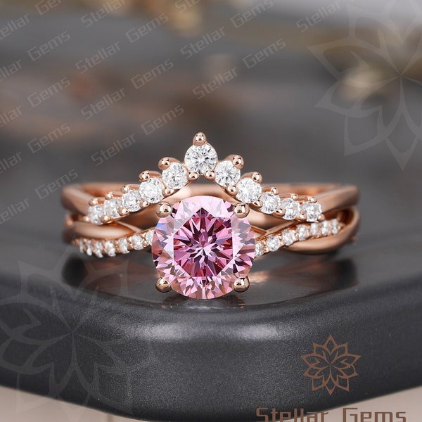 10K Solid Gold Round Pink Moissanite Engagement Ring Vintage Cluster Moissanite Promise Ring Twisted Ring Art Deco Anniversary Ring For Her