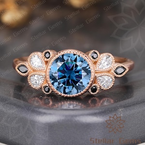 Round Blue Gray Moissanite 14K rose gold Engagement Ring Art deco Nature Inspired Floral Natural black onyx Anniversary ring moissanite ring