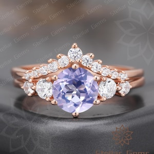 14K Rose Gold Round Natural Lavender Amethyst Engagement Ring Set V shaped Stacking Wedding bands Handmade Cluster Moissanite Ring For Her