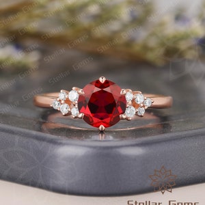 Unique Round Lab Created Ruby 10K Rose Gold Engagement Ring Cluster Moissanite Promise Ring July Birthstone Anniversary Ring Gift For Women