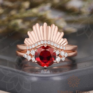 Round Lab Created Ruby 10K Rose Gold Engagement Ring Vintage Red Gemstone Anniversary Wedding Band Stacking Curved Ring Set Silver