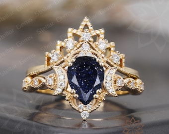 Vintage Galaxy Pear Blue Sandstone 14K Solid Gold Engagement Ring Set Unique Anniversary Ring Moissanite Promise Wedding Ring Gift For Her