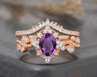 Oval Natural Amethyst 14K Rose Gold Bridal Ring Set Art Deco Round Cut Moissanite Promise Wedding Ring Set Unique Silver Ring Set For Women