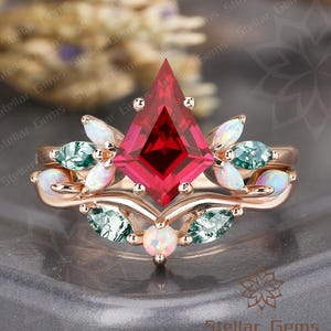 Cluster Kite Schnitt Lab erstellt Rubin 14K Rose gold Verlobungsring Dainty Cluster Lab erstellt Opal erstellt Moosachat Ehering Geschenk