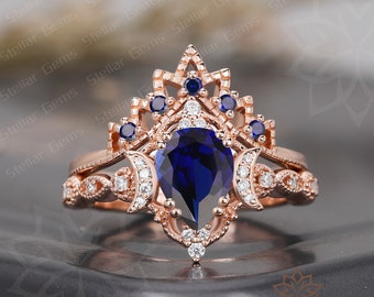 Anillo único de piedra preciosa azul Pear Lab creado zafiro 10K anillo de compromiso de oro rosa delicado redondo Moissanite promesa anillo de boda conjunto para ella