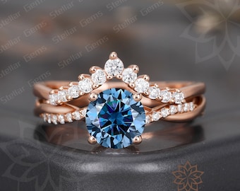 Unique Blue Grey Moissanite 10K Rose Gold Engagement Ring Round Cut Moissanite Promise Anniversary Bridal Ring Vintage Birthday Gift Ring