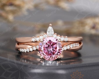 Unique 1.0CT Pink Moissanite 10K Solid Gold Engagement Ring Cluster Moissanite Anniversary Ring Sterling Silver Twisted Ring Gift For Women