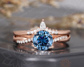 Unique Round Blue Grey Moissanite 14K Rose Gold Bridal Ring Set Twisted Cluster Moissanite Wedding Ring Handmade Vintage Anniversary Ring