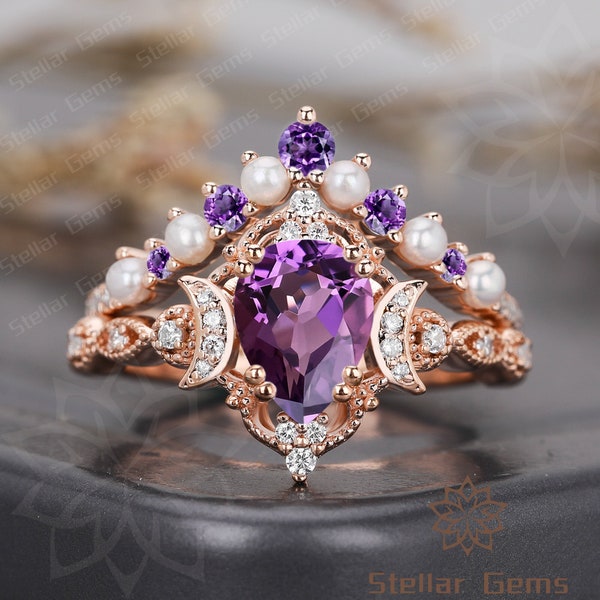 Unique Pear Natural Amethyst 925 Sterling Silver Bridal Ring Art Deco Cluster Natural Pearl Wedding Ring Moissanite Promise Engagement Ring