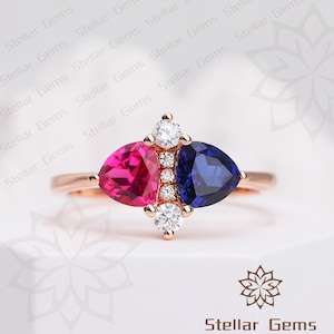 Unique 10K rose gold Handmade Trilliant Cut Ruby And Sapphire Engagement Ring Vintage moissanite Anniversary Ring gift Dainty Wedding bands