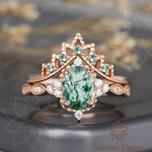 Unique Oval Cut Natural Moss Agate Bridal Ring Set Handmade Art Deco Green Gemstone Wedding Ring Set Vintage Moissanite Ring Set For Women