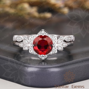 Round Lab Created Ruby 10K White Gold Bridal Ring handmade unique moissanite Flower Halo Ring Set Vintage cluster moissanite wedding bands