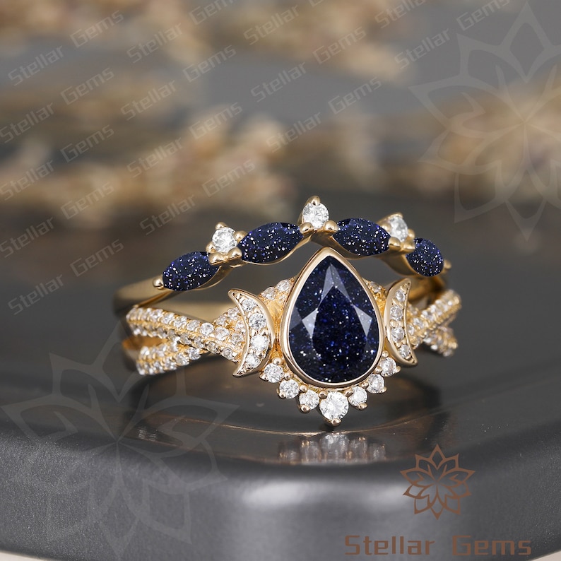 Galaxy Sandstone Ring Pear Blue Sandstone 10K Solid Gold Bridal Ring Nebula Ring Set Moon Moissanite Engagement Ring Unique Promise Ring Set image 4