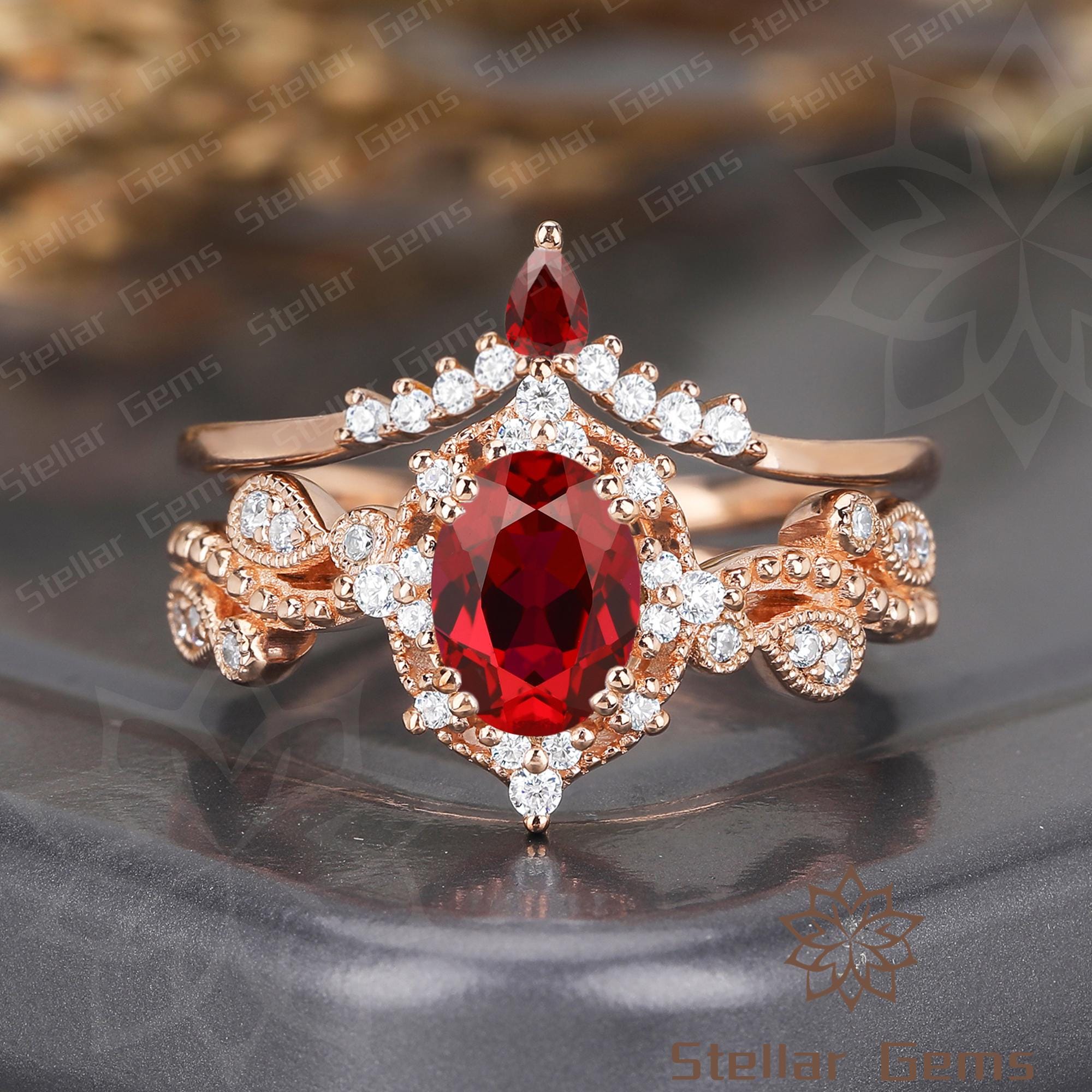 Nature Inspired 10K Solid Gold Oval Lab Created Ruby Engagement