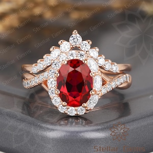 Dainty Oval Lab created ruby 10K rose gold Engagement ring Halo moissanite ring V Shaped ring Wedding Band Stacking Matching Bridal ring