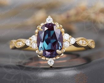 Oval Lab Created Alexandrite Yellow Gold Engagement Ring Round Moissanite Promise Ring Color Changing Stone June Birthstone Gift For Women